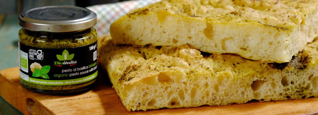 Focaccia with basil pesto